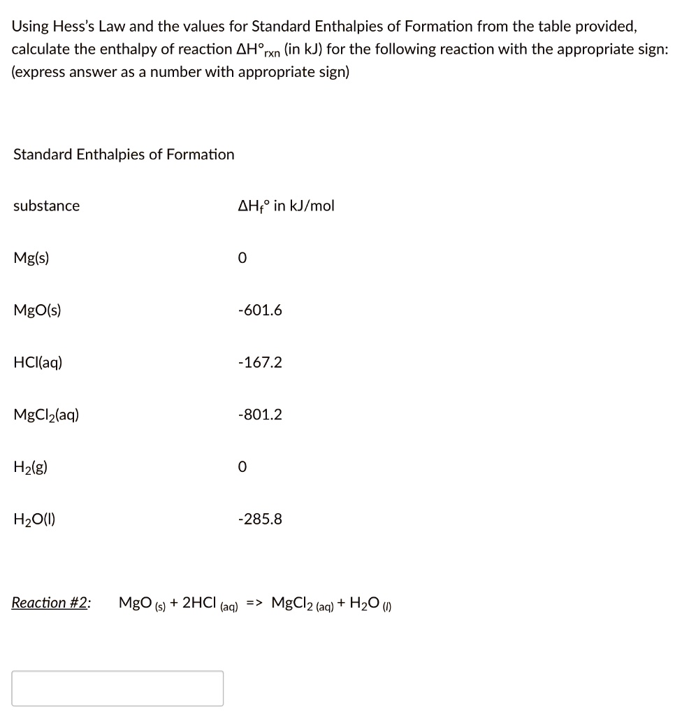 SOLVED Using Hess's Law and the values for Standard Enthalpies of Formation from the table