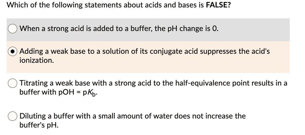 Which of the following statements about acids and bases is FALSE?
When a strong acid is added to a buffer, the pH change is 0.
Adding a weak base to a solution of its conjugate acid suppresses the acid's
ionization.
Titrating a weak base with a strong acid to the half-equivalence point results in a
buffer with pOH = pKb.
Diluting a buffer with a small amount of water does not increase the
buffer's pH.