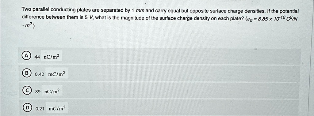 Solved Two Parallel Conducting Plates Are Separated By 1mm And Carry Equal But Opposite Surface 4541