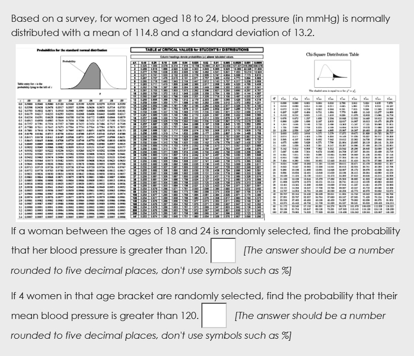 Solved Based On A Survey For Women Aged 18 To 24 Blood Pressure In Mmhg Is Normally Distributed With A Mean Of 114 8 And A Standard Deviation Of 13 2 Lcanc Lorstub Eretolenuieutiors