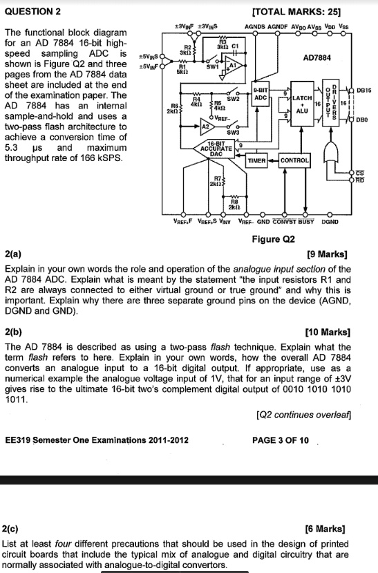 QUESTION 2 [TOTAL MARKS: 25]
The functional block diagram for an AD 7884 16-bit high-speed sampling ADC is shown is Figure Q2 and three pages from the AD 7884 data sheet are included at the end of the examination paper. The AD 7884 has an internal sample-and-hold and uses a two-pass flash architecture to achieve a conversion time of 5.3 ?s and maximum throughput rate of 166 kSPS.

Figure Q2

2(a) [9 Marks]
Explain in your own words the role and operation of the analogue input section of the AD 7884 ADC. Explain what is meant by the statement "the input resistors R1 and R2 are always connected to either virtual ground or true ground" and why this is important. Explain why there are three separate ground pins on the device (AGND, DGND and GND).

2(b) [10 Marks]
The AD 7884 is described as using a two-pass flash technique. Explain what the term flash refers to here. Explain in your own words, how the overall AD 7884 converts an analogue input to a 16-bit digital output. If appropriate, use as a numerical example the analogue voltage input of 1V, that for an input range of ±3V gives rise to the ultimate 16-bit two's complement digital output of 0010 1010 1010 1011.

2(c) [6 Marks]
List at least four different precautions that should be used in the design of printed circuit boards that include the typical mix of analogue and digital circuitry that are normally associated with analogue-to-digital convertors.