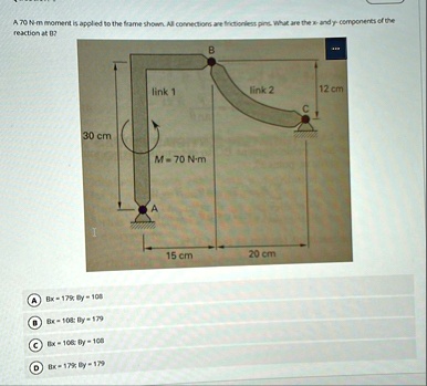 a 70 n m moment is applied to the frame shown all connections are frictionless pins what are the x and y components of the reaction at b link 1 30 cm m 70 n m b link 2 12 cm c a 15 cm 20 cm  84165
