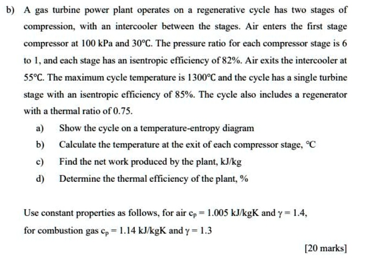 SOLVED A gas turbine power plant operates on a regenerative cycle and