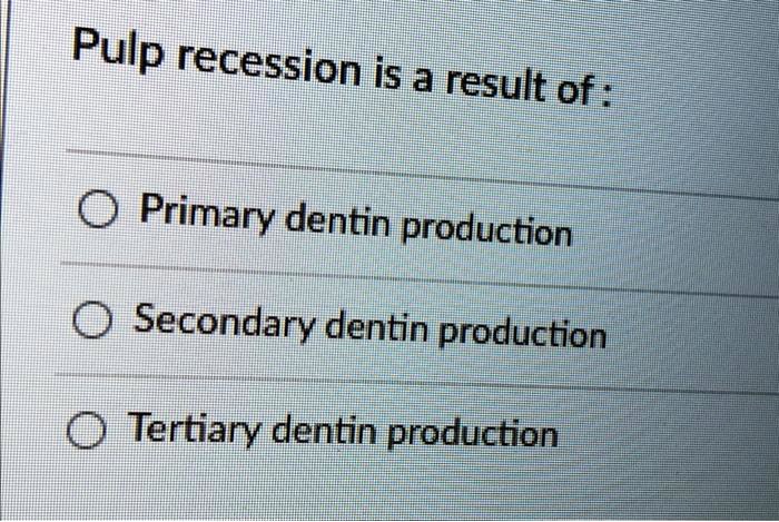 Pulp recession is a result of:
Primary dentin production
Secondary dentin production
Tertiary dentin production