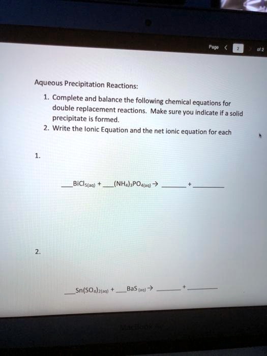 Solved Aqueous Precipitation Reactions Complete And Balance The Following Chemical Equations 6097