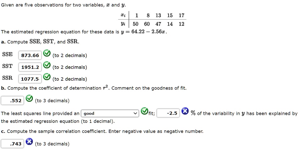 Given are five observations for two variables, x and y.
xi | 1 8 13 15 17
yi | 50 60 47 14 12
The estimated regression equation for these data is y = 64.22 - 2.56x.
a. Compute SSE, SST, and SSR.
SSE 873.66 (to 2 decimals)
SST 1951.2 (to 2 decimals)
SSR 1077.5 (to 2 decimals)
b. Compute the coefficient of determination r^2. Comment on the goodness of fit.
.552 (to 3 decimals)
The least squares line provided an good fit; -2.5 % of the variability in y has been explained by the estimated regression equation (to 1 decimal).
c. Compute the sample correlation coefficient. Enter negative value as negative number.
.743 (to 3 decimals)