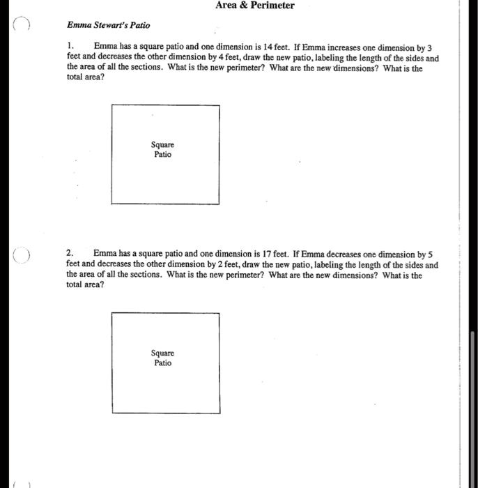 SOLVED Text Area Perimeter Emma Stewart's Patio Emma has a square patio and one dimension is