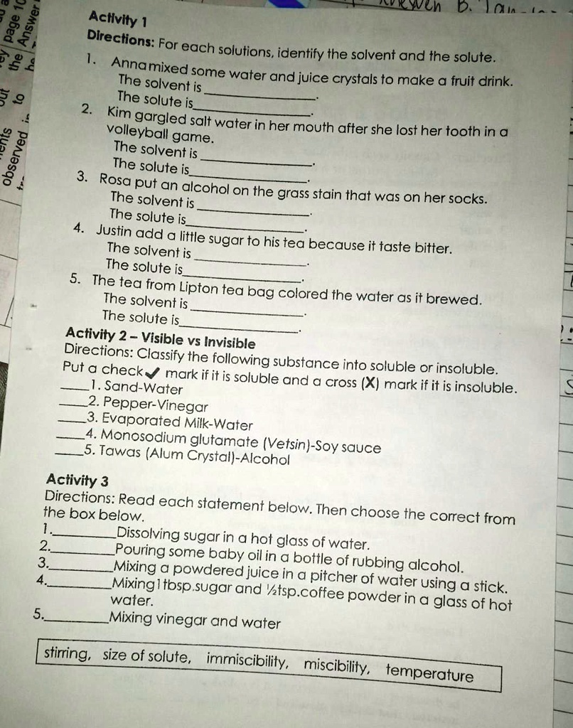SOLVED 'Activity 1. Direction for each solution, identify the solvent