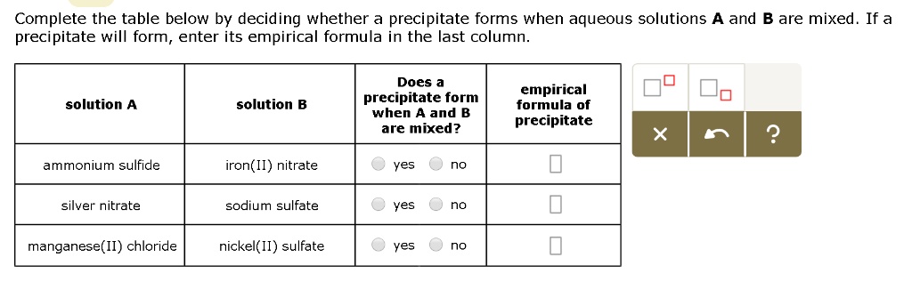 Complete the table below by deciding whether a precipitate forms when aqueous solutions A and B are mixed. If a precipitate will form, enter its empirical formula in the last column.

solution A | solution B | Does a precipitate form when A and B are mixed? | empirical formula of precipitate
— | — | — | —
ammonium sulfide | iron(II) nitrate | yes no | 
silver nitrate | sodium sulfate | yes no | 
manganese(II) chloride | nickel(II) sulfate | yes no | 