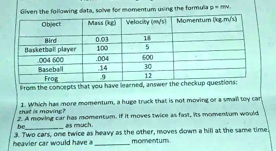 solve for momentum using the formula mu given the following data 