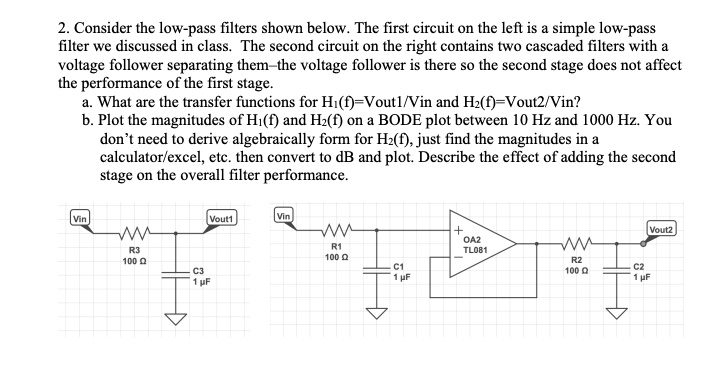 2. Consider the low-pass filters shown below. The first circuit on the left is a simple low-pass
filter we discussed in class. The second circuit on the right contains two cascaded filters with a
voltage follower separating them-the voltage follower is there so the second stage does not affect
the performance of the first stage.
a. What are the transfer functions for H1(f) = Vout1/Vin and H2(f) = Vout2/Vin?
b. Plot the magnitudes of H1(f) and H2(f) on a BODE plot between 10 Hz and 1000 Hz. You
don't need to derive algebraically form for H2(f), just find the magnitudes in a
calculator/excel, etc. then convert to dB and plot. Describe the effect of adding the second
stage on the overall filter performance.
Vin
R3
100 ?
C3
1 µF
Vout1
Vin
R1
100 ?
C1
1 µF
+
OA2
TL081
W
R2
100 ?
C2
1 µF
Vout2
