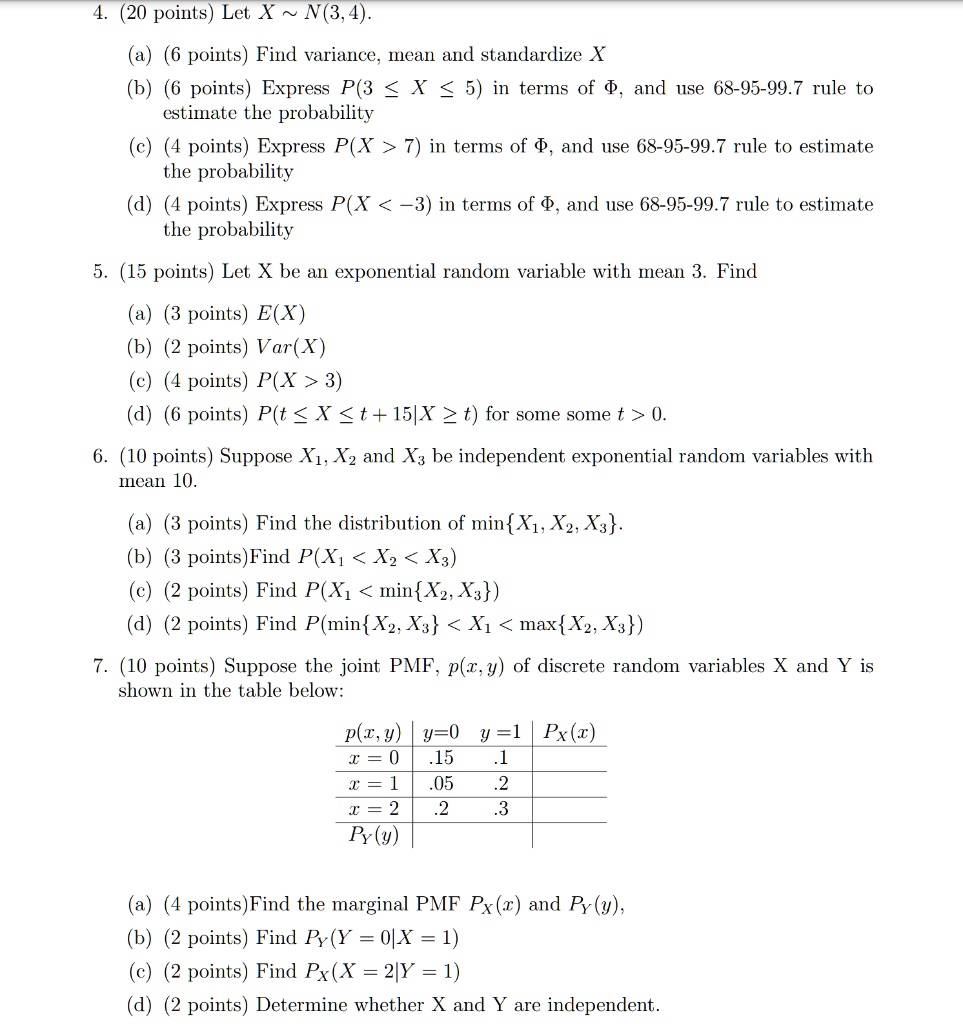 420 points let x n34 a 6 points find variance mean and standardize x b 6 points express p3 x 5 in terms of and use 68 95 997 rule to estimate the probability c 4 points express px 7 in terms 31965