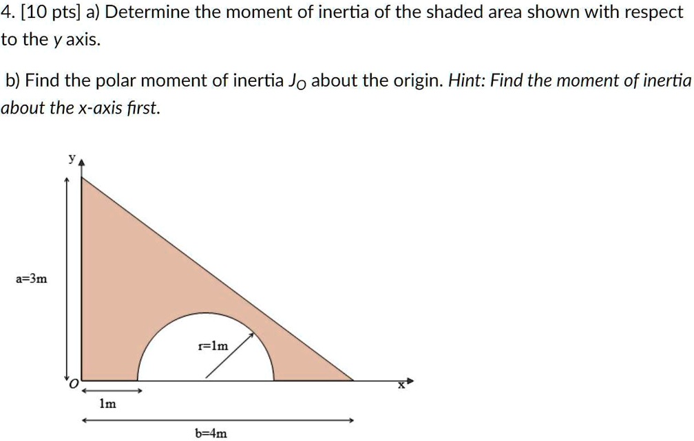 4. [10 pts] a) Determine the moment of inertia of the shaded area shown with respect
to the y axis.

b) Find the polar moment of inertia JO about the origin. Hint: Find the moment of inertia
about the x-axis first.

y
a=3m
r=1m
O
x
1m
b=4m