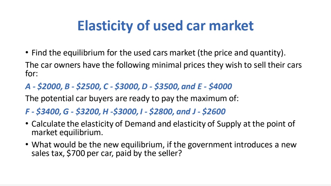 SOLVED:Elasticity of used carmarket - Find the equilibrium for the used ...