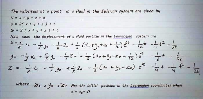 SOLVED: The velocities at a point in a fluid in the Eulerian system are ...