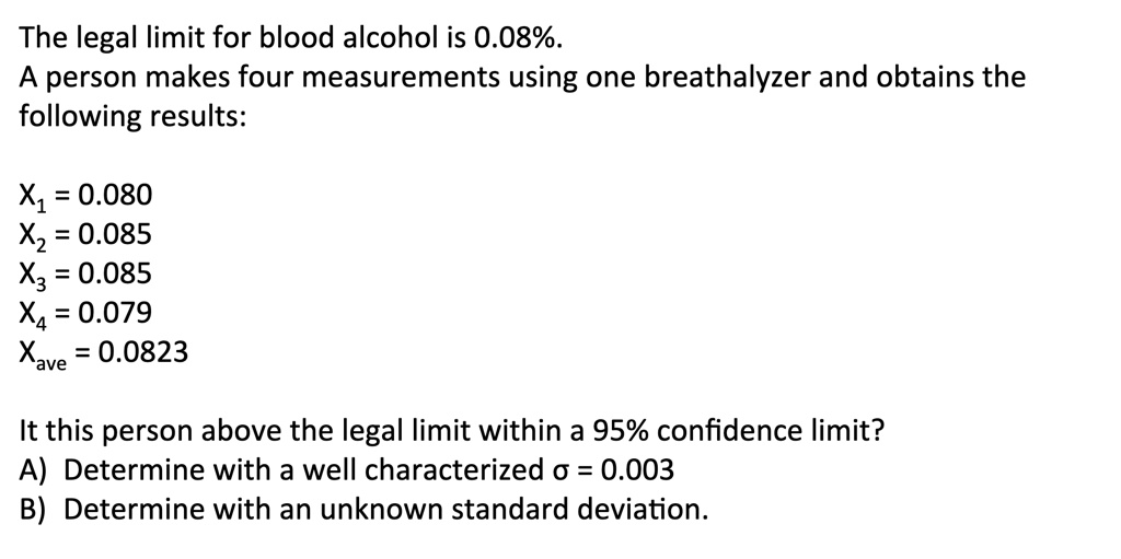 The legal limit for blood alcohol is 0.08%.
A person makes four measurements using one breathalyzer and obtains the
following results:

X? = 0.080
X? = 0.085
X? = 0.085
X? = 0.079
X??? = 0.0823

It this person above the legal limit within a 95% confidence limit?
A) Determine with a well characterized ? = 0.003
B) Determine with an unknown standard deviation.