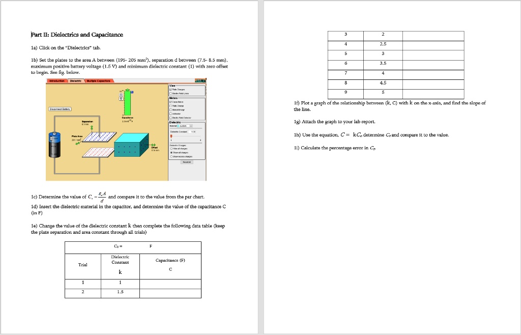 Part II: Dielectrics and Capacitance
1a) Click on the "Dielectrics" tab.
1b) Set the plates to the area A between (195-205 mm²), separation d between (7.5-8.5 mm),
maximum positive battery voltage (1.5 V) and minimum dielectric constant (1) with zero offset
to begin. See fig. below.
1c) Determine the value of C = fracepsilono Ad and compare it to the value from the par chart.
1d) Insert the dielectric material in the capacitor, and determine the value of the capacitance C
(in F)
1e) Change the value of the dielectric constant k then complete the following data table (keep
the plate separation and area constant through all trials)
Co =
Trial	Dielectric
Constant	Capacitance (F)
	k	C
1	1
2	1.5
3	2
4	2.5
5	3
6	3.5
7	4
8	4.5
9	5
1f) Plot a graph of the relationship between (k, C) with k on the x-axis, and find the slope of
the line.
1g) Attach the graph to your lab report.
1h) Use the equation, C = kCo, determine Co and compare it to the value.
1i) Calculate the percentage error in Co