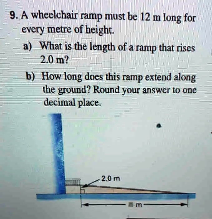 SOLVED: 9. A wheelchair ramp must be 12 m long for every metre of ...