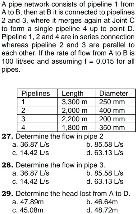 A Pipe Network Consists Of Pipelines From A To B, Then At B It Is ...