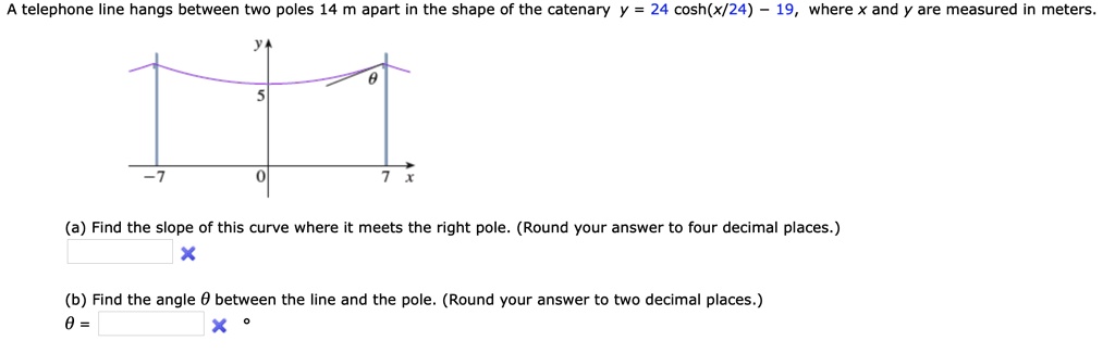 A telephone line hangs between two poles 14 m apart in the shape of the catenary y = 24 cosh(x/24) ? 19, where x and y are measured in meters.
(a) Find the slope of this curve where it meets the right pole. (Round your answer to four decimal places.)
(b) Find the angle ? between the line and the pole. (Round your answer to two decimal places.)
? =