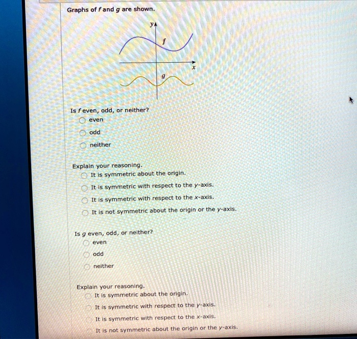 Graphs of f and g are shown. Is f even, odd, or neither? even odd neither Explain your reasoning. It is symmetric about the origin. It is symmetric with respect to the y-axis. It is symmetric with respect to the x-axis. It is not symmetric about the origin or the y-axis. Is g even, odd, or neither? even odd neither Explain your reasoning. It is symmetric about the origin. It is symmetric with respect to the y-axis. It is symmetric with respect to the x-axis. It is not symmetric about the origin or the y-axis.