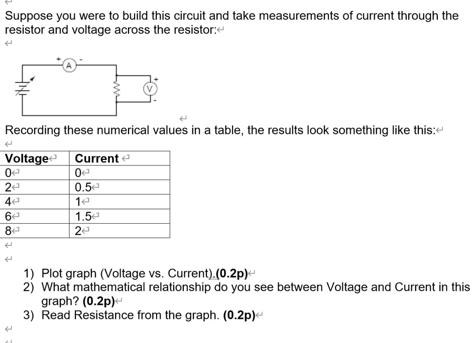 Suppose you were to build this circuit and take measurements of current through the resistor and voltage across the resistor:

Recording these numerical values in a table, the results look something like this:

Voltage Current
0 0
2 0.5
4 1
6 1.5
8 2

1) Plot graph (Voltage vs. Current). (0.2p)
2) What mathematical relationship do you see between Voltage and Current in this graph? (0.2p)
3) Read Resistance from the graph. (0.2p)