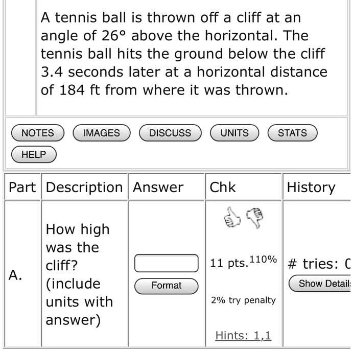 tennis ball is thrown off a cliff at an angle of 260 above the