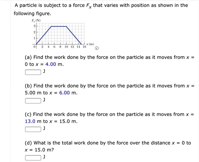 A particle is subject to a force Fx that varies with position as shown in the following figure.
Fx (N)
3
2
1
0 2 4 6 8 10 12 14 16 x (m)
(a) Find the work done by the force on the particle as it moves from x = 0 to x = 4.00 m.
J
(b) Find the work done by the force on the particle as it moves from x = 5.00 m to x = 6.00 m.
J
(c) Find the work done by the force on the particle as it moves from x = 13.0 m to x = 15.0 m.
J
(d) What is the total work done by the force over the distance x = 0 to x = 15.0 m?
J
