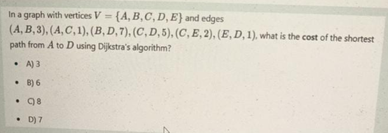 in a graph with vertices va b c d e and edges a b 3a c 1b d 7c d 5c e ...