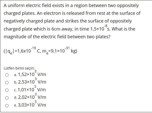 a uniform electric field exists in a region between two oppositely ...