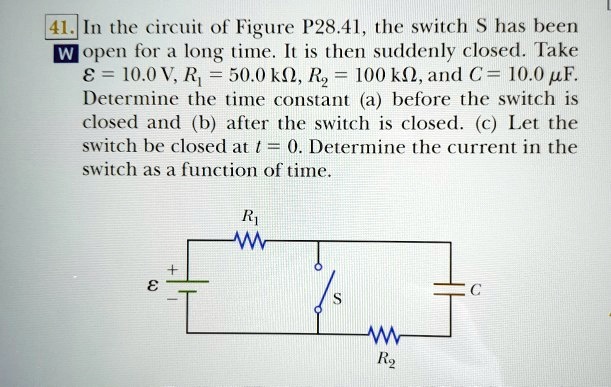 In the circuit of Figure P28.41, the switch S has been open for a long time. It is then suddenly closed. Take ? = 10.0 V, R1 = 50.0 k?, R2 = 100 k?, and C = 10.0 ?F. Determine the time constant (a) before the switch is closed and (b) after the switch is closed. (c) Let the switch be closed at t = 0. Determine the current in the switch as a function of time.
