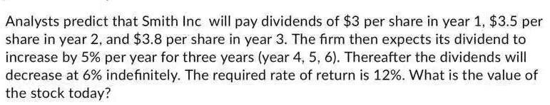 Analysts predict that Smith Inc will pay dividends of 3 per share in year 1,3.5 per share in year 2, and 3.8 per share in year 3. The firm then expects its dividend to increase by 5% per year for three years (year 4, 5, 6). Thereafter the dividends will decrease at 6% indefinitely. The required rate of return is 12%. What is the value of the stock today?