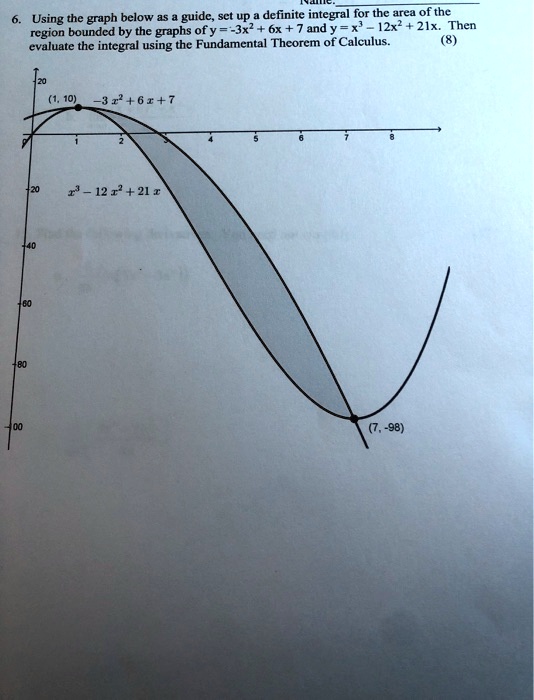 6. Using the graph below as a guide, set up a definite integral for the area of the region bounded by the graphs of y = -3x^2 + 6x + 7 and y = x^3 - 12x^2 + 21x. Then evaluate the integral using the Fundamental Theorem of Calculus. (8)
-3x^2 + 6x + 7
(1, 10)
x^3 - 12x^2 + 21x
(7, -98)