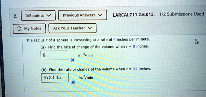 SOLVED: 0/5 Points Previous Answers LARCALCII 2.6.013. 1/2 Submissions ...