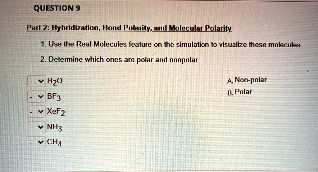QUESTION 9 Part 2: Hybridization, Bond Polarity, and Molecular Polarity ...
