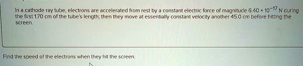 In a cathode ray tube, electrons are accelerated from rest by a constant electric force of magnitude 6.40 × 10?17 N during the first 1.70 cm of the tube's length; then they move at essentially constant velocity another 45.0 cm before hitting the screen.
Find the speed of the electrons when they hit the screen.