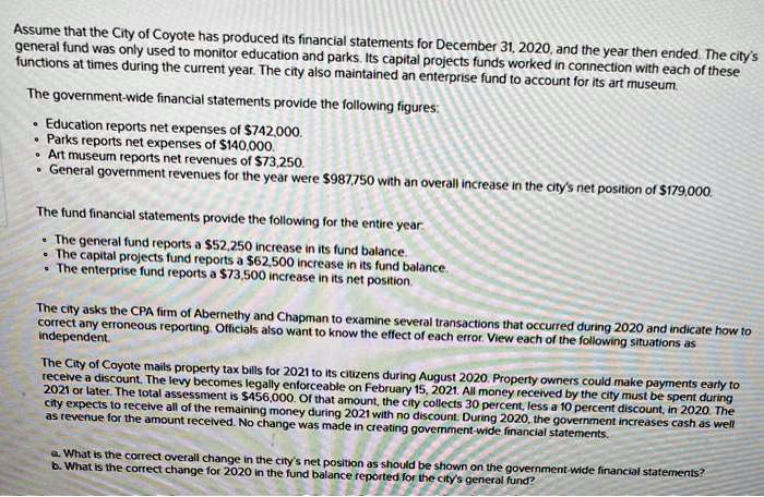 SOLVED: Assume that the City of Coyote has produced its financial ...