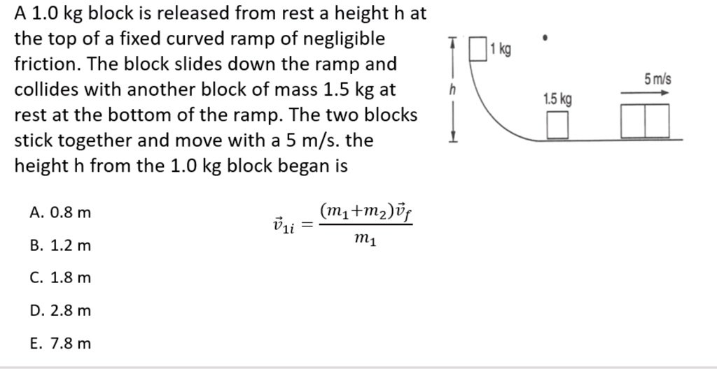 A 1.0 kg block is released from rest at a height h at the top of a ...