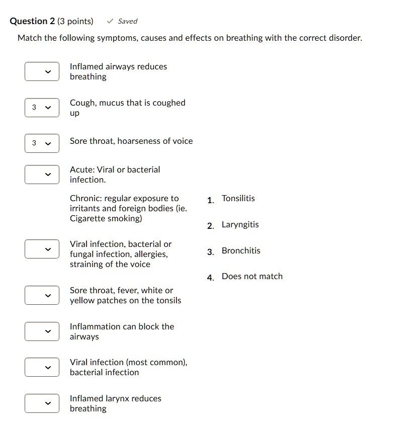 Question 2 (3 points)
Saved
Match the following symptoms, causes and effects on breathing with the correct disorder.
Inflamed airways reduces
breathing
Cough, mucus that is coughed
up
Sore throat, hoarseness of voice
Acute: Viral or bacterial
infection.
Chronic: regular exposure to
irritants and foreign bodies (ie.
Cigarette smoking)
Viral infection, bacterial or
fungal infection, allergies,
straining of the voice
Sore throat, fever, white or
yellow patches on the tonsils
Inflammation can block the
airways
Viral infection (most common),
bacterial infection
Inflamed larynx reduces
breathing
1. Tonsilitis
2. Laryngitis
3. Bronchitis
4. Does not match