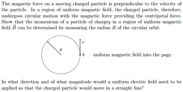 The magnetic force on a moving charged particle is perpendicular to the velocity of
the particle. In a region of uniform magnetic field, the charged particle, therefore,
undergoes circular motion with the magnetic force providing the centripetal force.
Show that the momentum of a particle of charge q in a region of uniform magnetic
field B can be determined by measuring the radius R of the circular orbit.
v
R
q
uniform magnetic field into the page.
In what direction and of what magnitude would a uniform electric field need to be
applied so that the charged particle would move in a straight line?