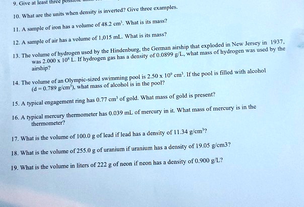 Solved i Ltee G Inverted Give Three Examples What Ar The Units When Dcnsity Of 48 2 Cm What Is Ils Mass Of Iron Has Volume Sample Mns Volutne Of 015 Ml What