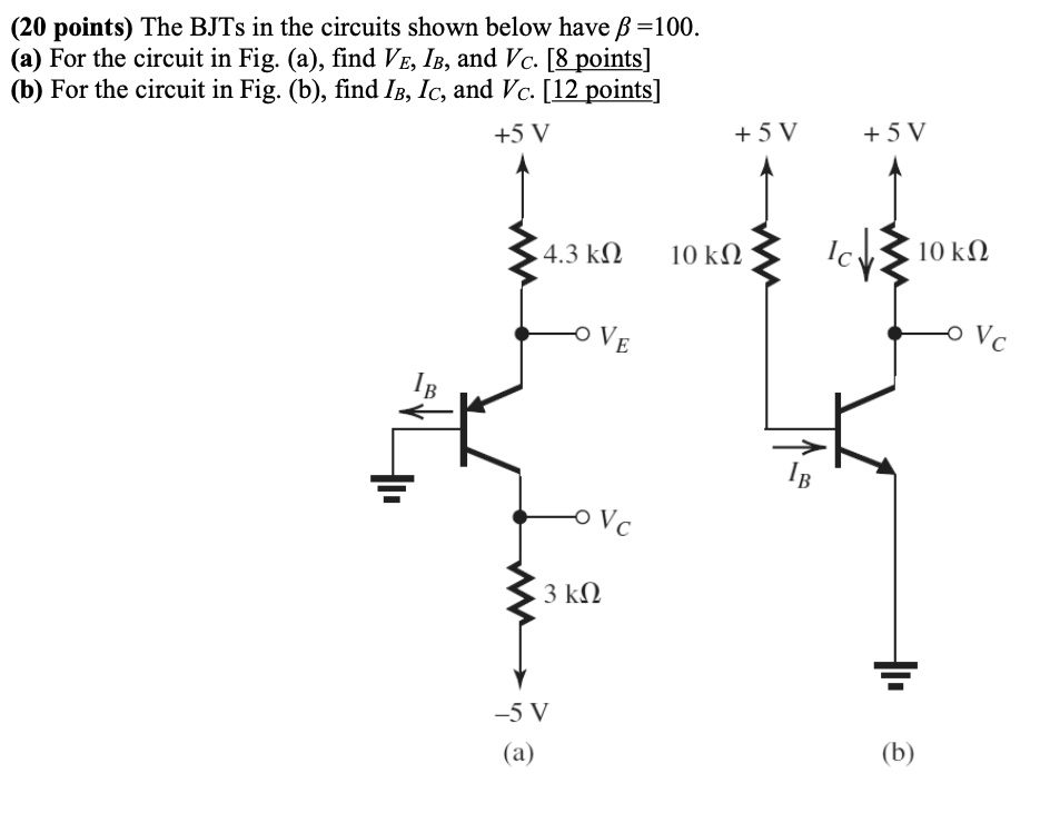 SOLVED: The BJTs in the circuits shown below have Î²=100. (a) For the ...