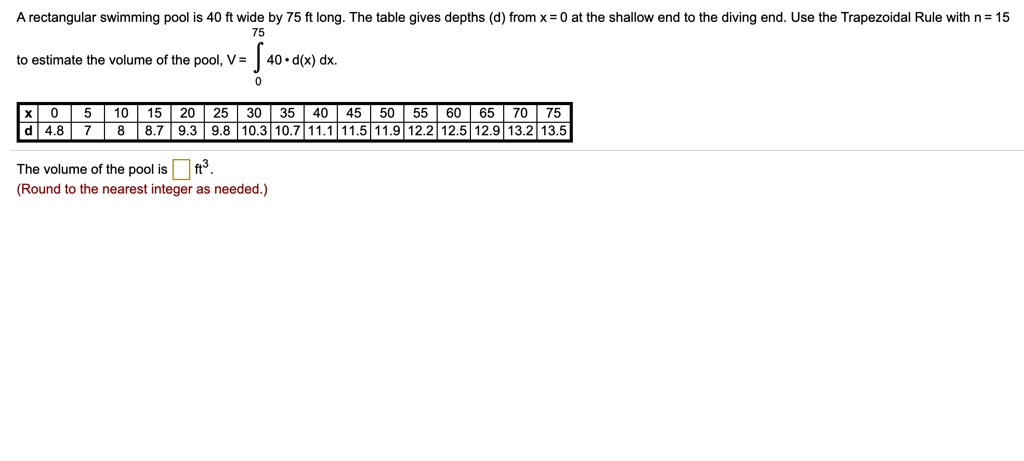 A rectangular swimming pool is 40 ft wide by 75 ft long. The table gives depths (d) from x = 0 at the shallow end to the diving end. Use the Trapezoidal Rule with n = 15 to estimate the volume of the pool, V = ?[0 to 75] 40 * d(x) dx.

x | 0 | 5 | 10 | 15 | 20 | 25 | 30 | 35 | 40 | 45 | 50 | 55 | 60 | 65 | 70 | 75
d | 4.8 | 7 | 8 | 8.7 | 9.3 | 9.8 | 10.3 | 10.7 | 11.1 | 11.5 | 11.9 | 12.2 | 12.5 | 12.9 | 13.2 | 13.5

The volume of the pool is ft^3.
(Round to the nearest integer as needed.)