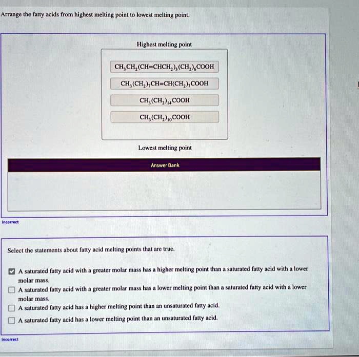 SOLVED Arrange the fatty acids from highest melting point to lowest