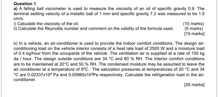 SOLVED: Question 1a: A falling ball viscometer is used to measure the ...