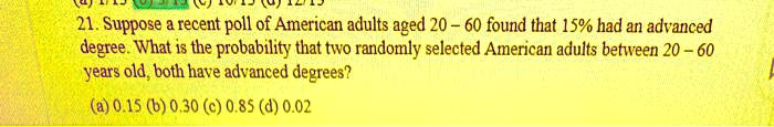 21. Suppose a recent poll of American adults aged 20-60 found that 15% had an advanced degree. What is the probability that two randomly selected American adults between 20-60 years old, both have advanced degrees?
(a) 0.15 (b) 0.30 (c) 0.85 (d) 0.02