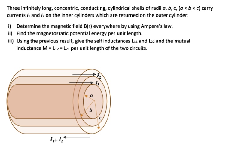 Three infinitely long, concentric, conducting, cylindrical shells of radii a, b, c, (a < b < c) carry
currents I1 and I2 on the inner cylinders which are returned on the outer cylinder:
i) Determine the magnetic field B(r) everywhere by using Ampere's law.
ii) Find the magnetostatic potential energy per unit length.
iii) Using the previous result, give the self inductances L11 and L22 and the mutual
inductance M = L12 = L21 per unit length of the two circuits.