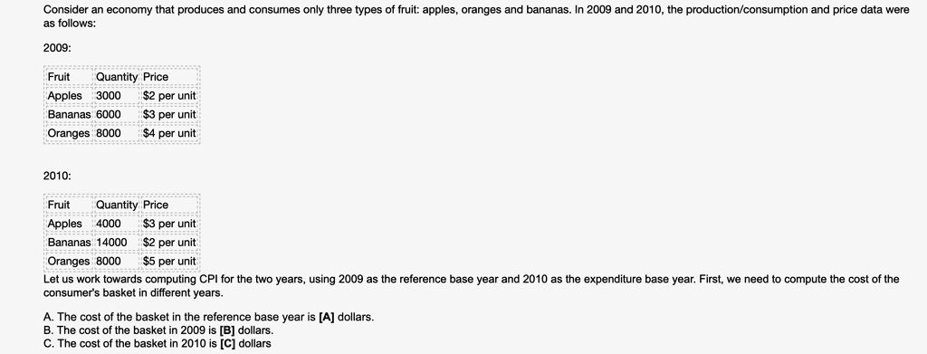 Consider an economy that produces and consumes only three types of fruit: apples, oranges and bananas. In 2009 and 2010, the production/consumption and price data were as follows:

2009:
Fruit Quantity Price
Apples 3000 2 per unit
Bananas 60003 per unit
Oranges 8000 4 per unit

2010:
Fruit Quantity Price
Apples 40003 per unit
Bananas 14000 2 per unit
Oranges 80005 per unit
Let us work towards computing CPI for the two years, using 2009 as the reference base year and 2010 as the expenditure base year. First, we need to compute the cost of the consumer's basket in different years.

A. The cost of the basket in the reference base year is [A] dollars.
B. The cost of the basket in 2009 is [B] dollars.
C. The cost of the basket in 2010 is [C] dollars