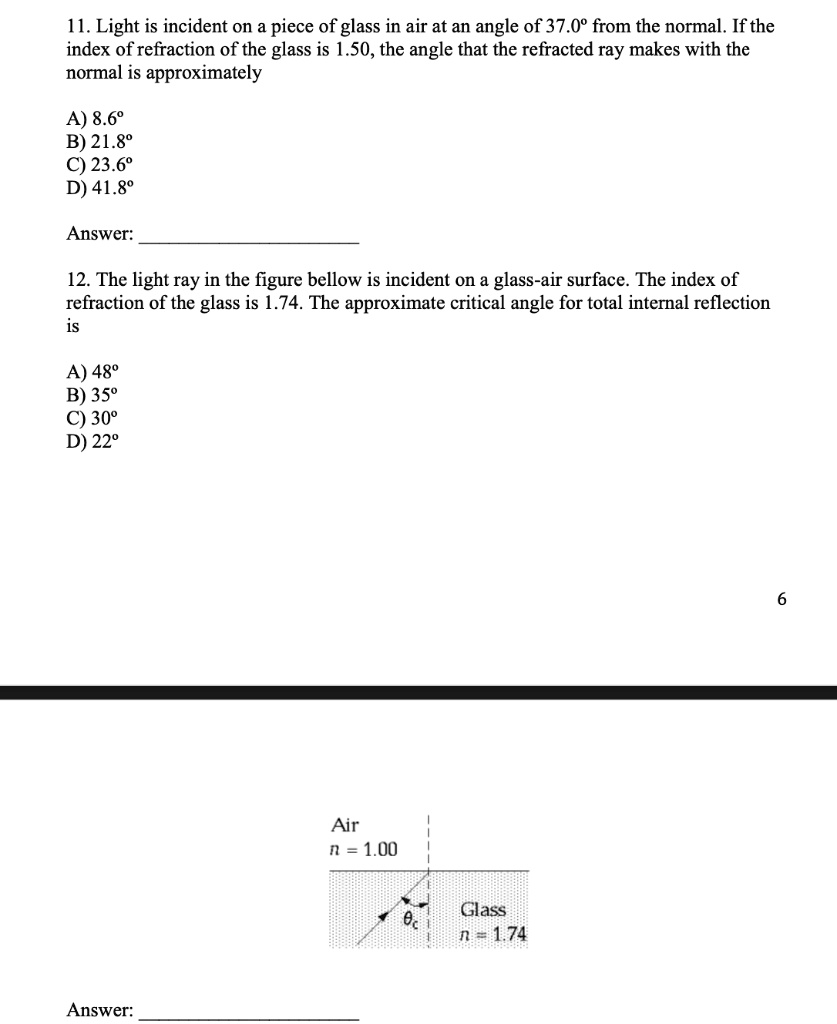 SOLVED: 11. Light is incident on a piece of glass in air at an angle of ...