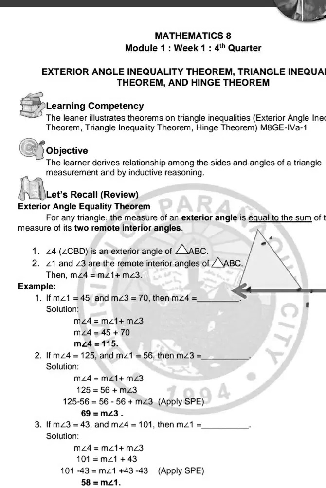 SOLVED MATHEMATICS 8 Module Week 1 4th Quarter EXTERIOR ANGLE